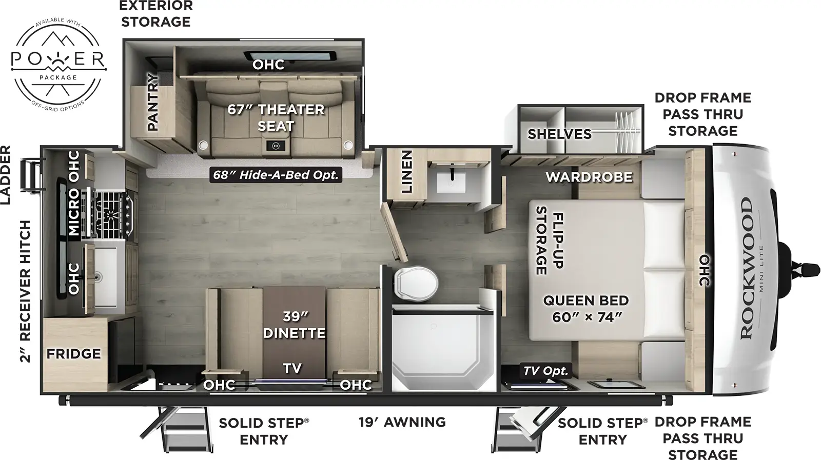 The Rockwood Mini Lite 2515S floorplan has two entries and two slide outs. Exterior features include: fiberglass exterior and 19' awning. Interiors features include: rear kitchen, front bedroom and pass through bathroom.